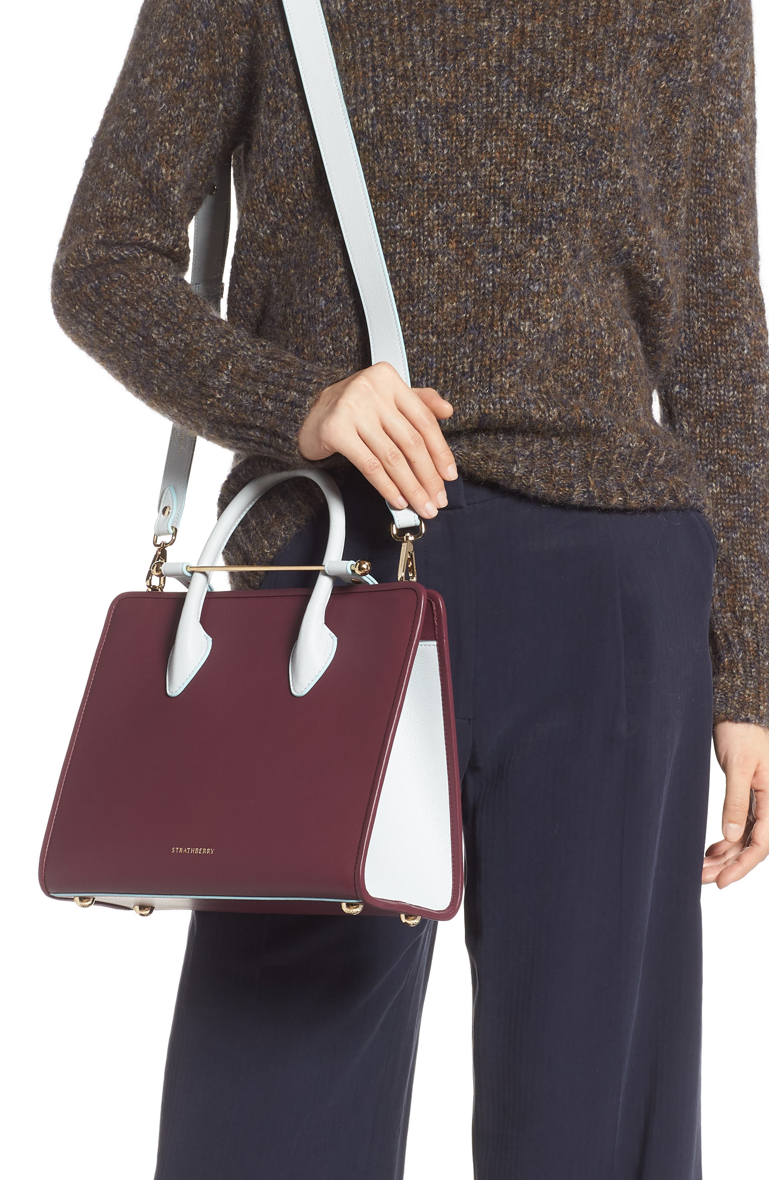 Midi Bicolor Leather Tote, Alternate, color, PURPLE POTION/ ILLUSION BLUE
