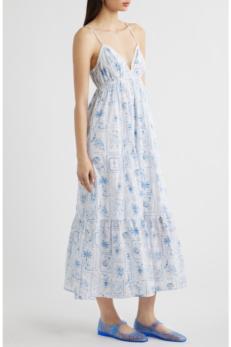 Ruffle Hem Cotton Maxi Dress, Alternate, color, WHITE- BLUE VACATION STAMP
