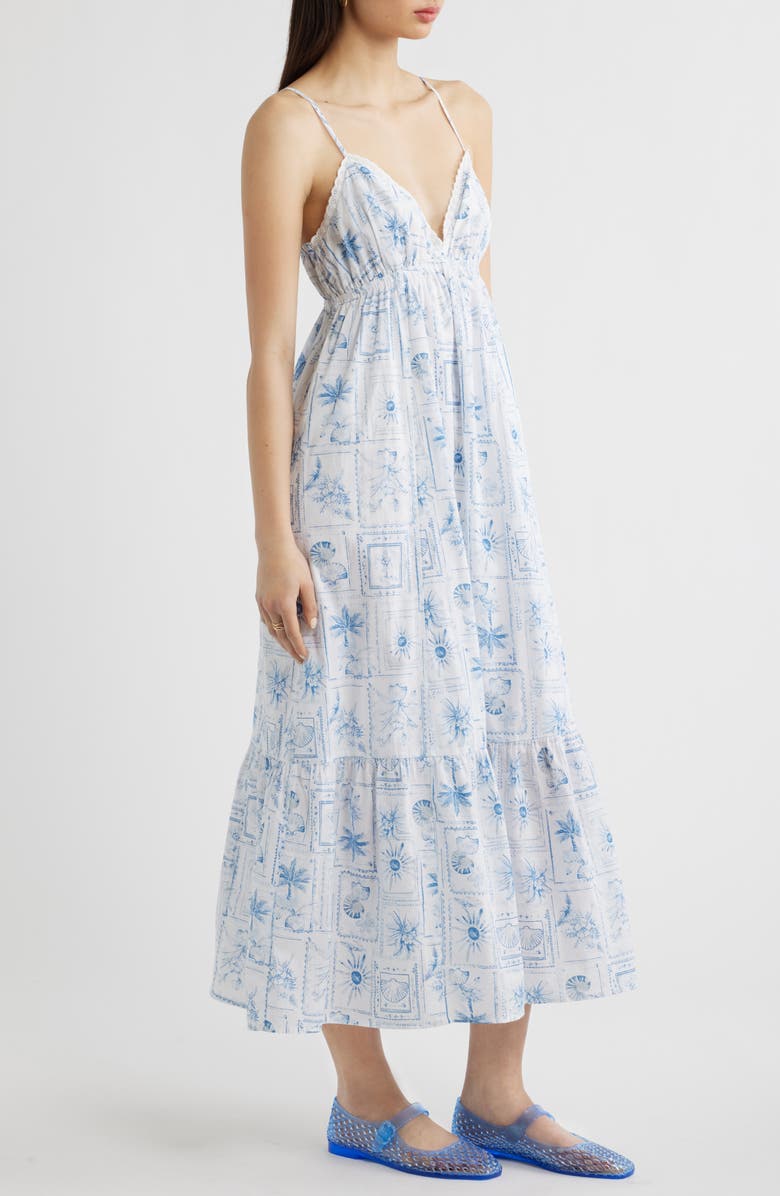 BP. Ruffle Hem Cotton Maxi Dress, Alternate, color, White- Blue Vacation Stamp