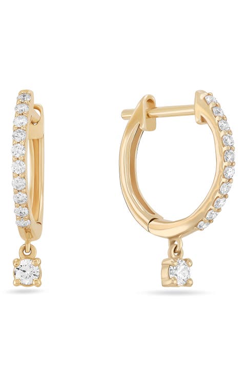 14k Gold Diamond Dangle Huggie Hoop Earrings