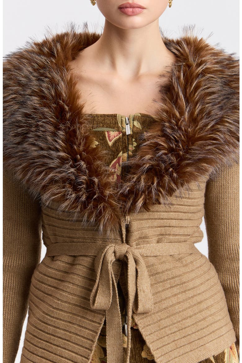 Faux Fur Collar Ribbed Cardigan, Alternate, color, CAMEL