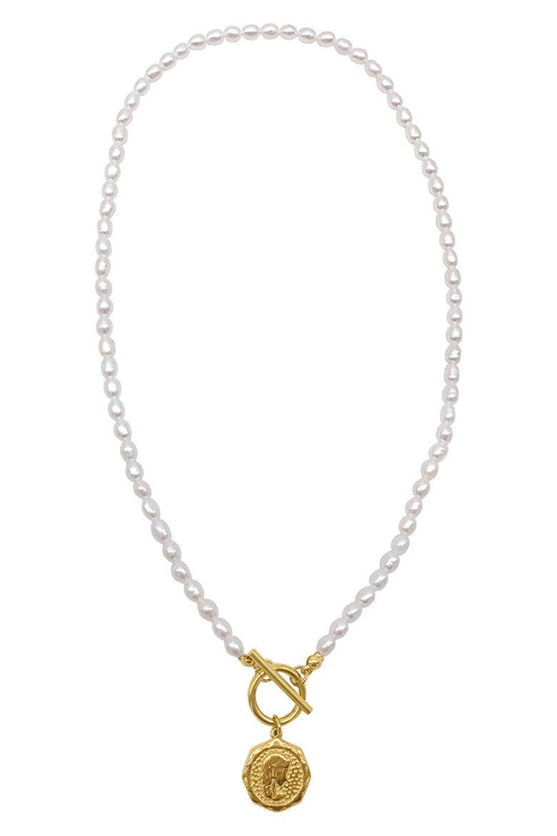 Spring 2022 14k Yellow Gold Vermeil 5.5-6mm Imitation Pearl and Coin Toggle Necklace, Main, color, WHITE