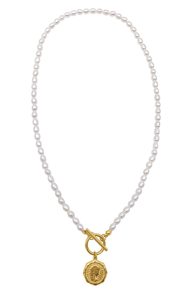 Adornia Spring 2022 14k Yellow Gold Vermeil 5.5-6mm Imitation Pearl and Coin Toggle Necklace, Main, color,