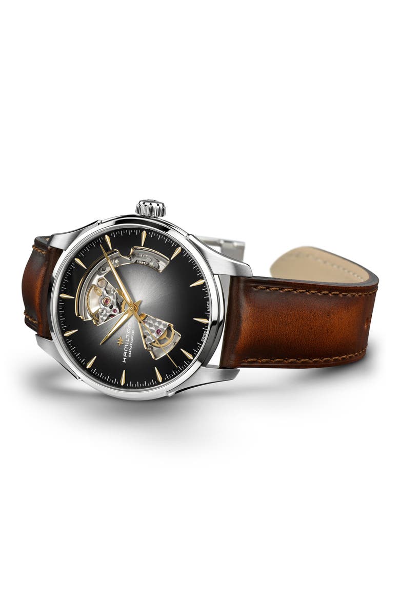 Jazzmaster Open Heart Automatic Leather Strap Watch, 40mm, Alternate, color, BLACK