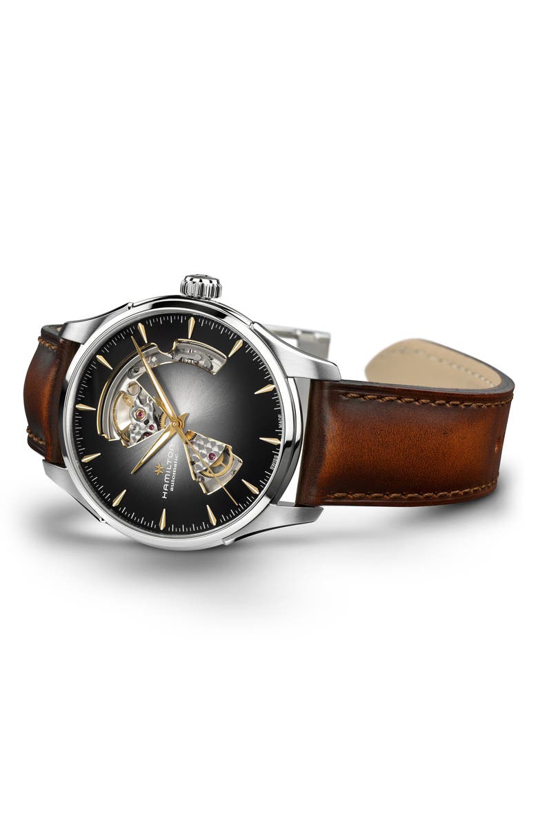 Hamilton Jazzmaster Open Heart Automatic Leather Strap Watch, 40mm, Alternate, color, Black