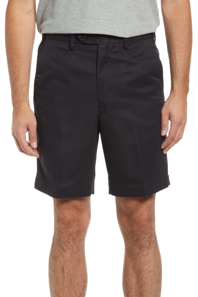 Microfiber Self Sizer Flat Front Shorts, Main, color, BLACK
