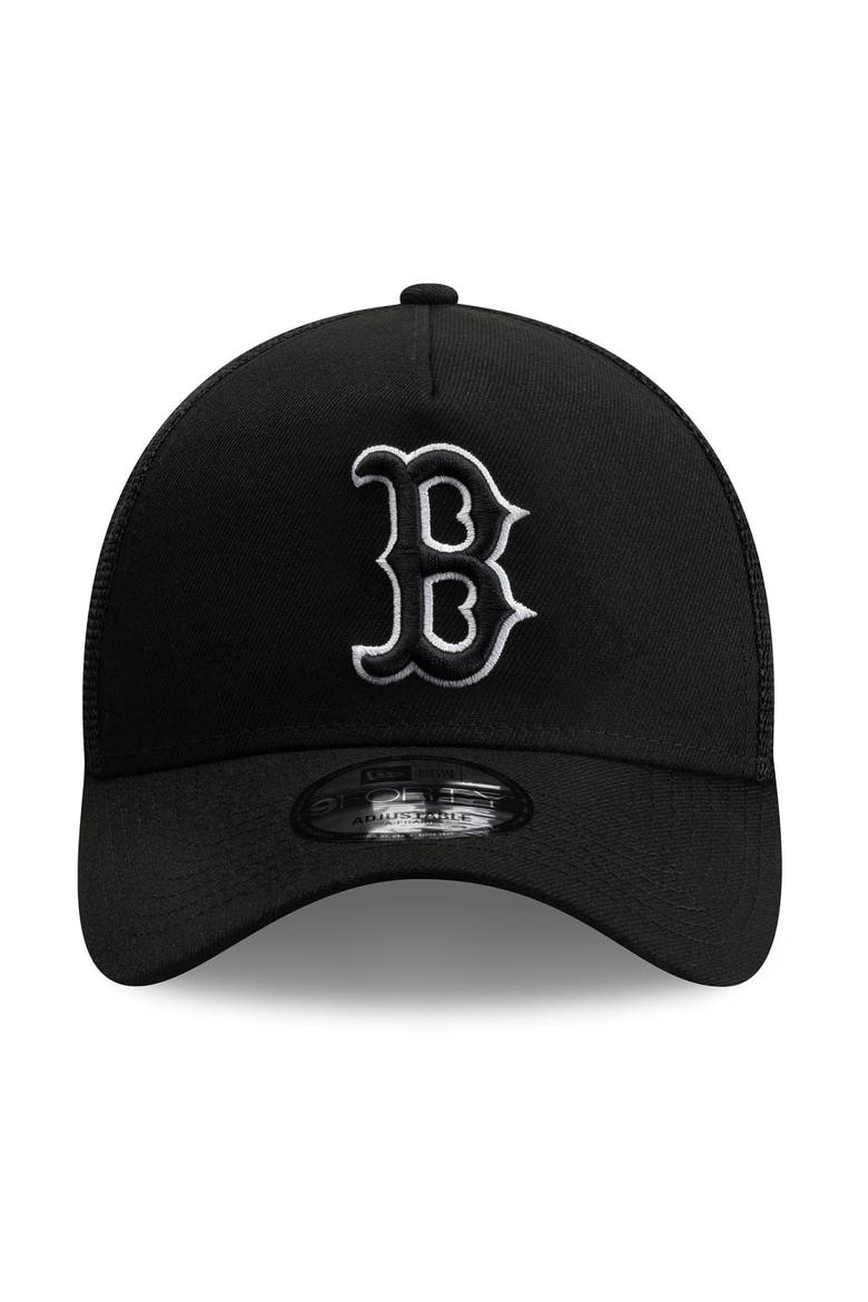 Men's New Era Black Boston Red Sox Side Script 9FORTY A-Frame Trucker Adjustable Hat, Alternate, color, Black