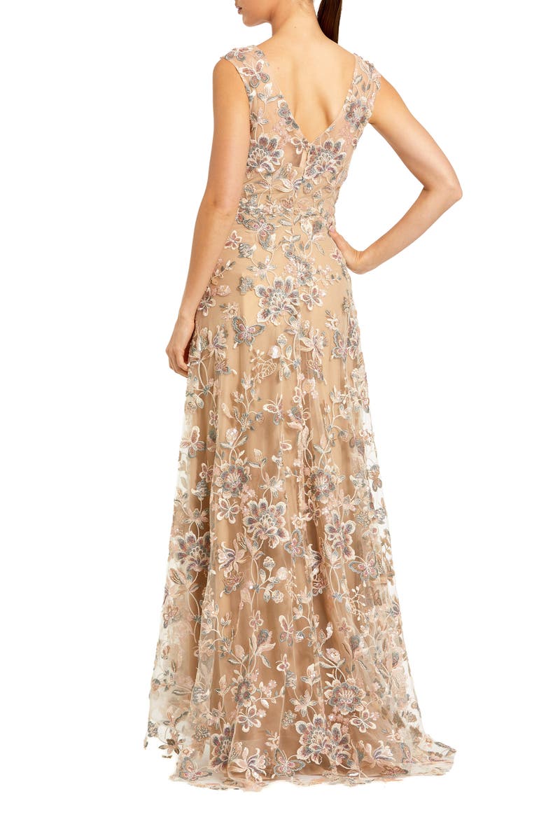 Floral Embroidered Sleeveless V Neck Gown, Alternate, color, Taupe