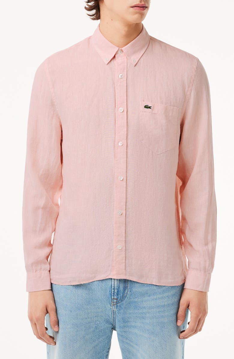 Lacoste Regular Fit Linen Button-Down Shirt, Main, color, Flamingo