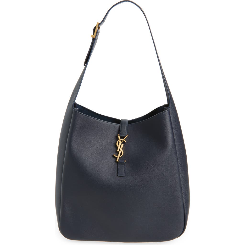 Saint Laurent Le 5a7 Large Ysl Shoulder Hobo Bag In Smooth Leather In Blue
