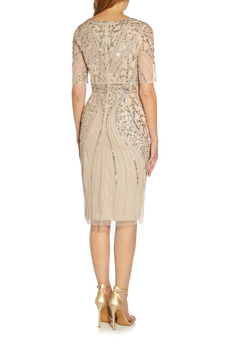 Beaded Sequin V-Neck Cocktail Midi Dress, Alternate, color, BISCOTTI