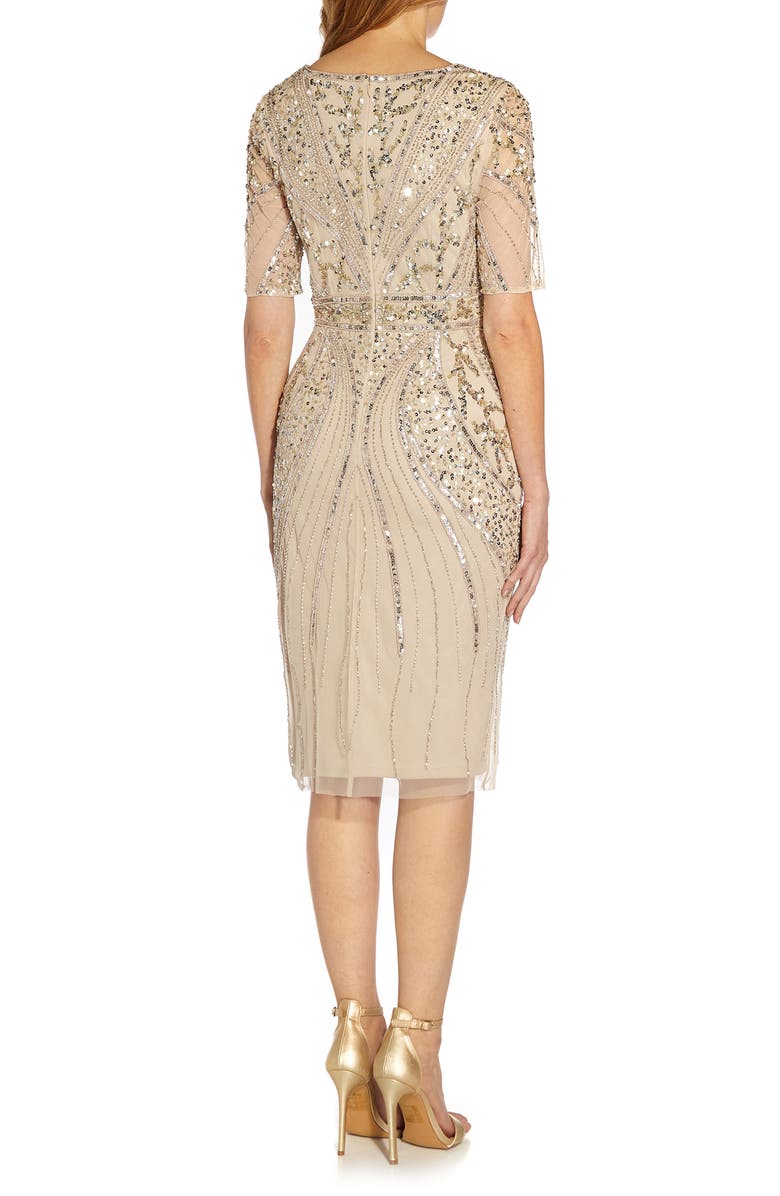 Adrianna Papell Beaded Sequin V-Neck Cocktail Midi Dress, Alternate, color, 