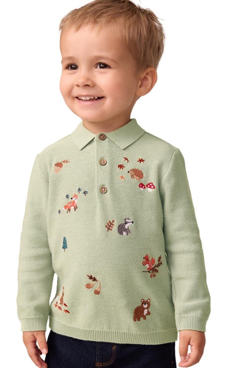 NEXT Kids' Embroidered Wildlife Long Sleeve Cotton Polo Sweater, Alternate, color, Green