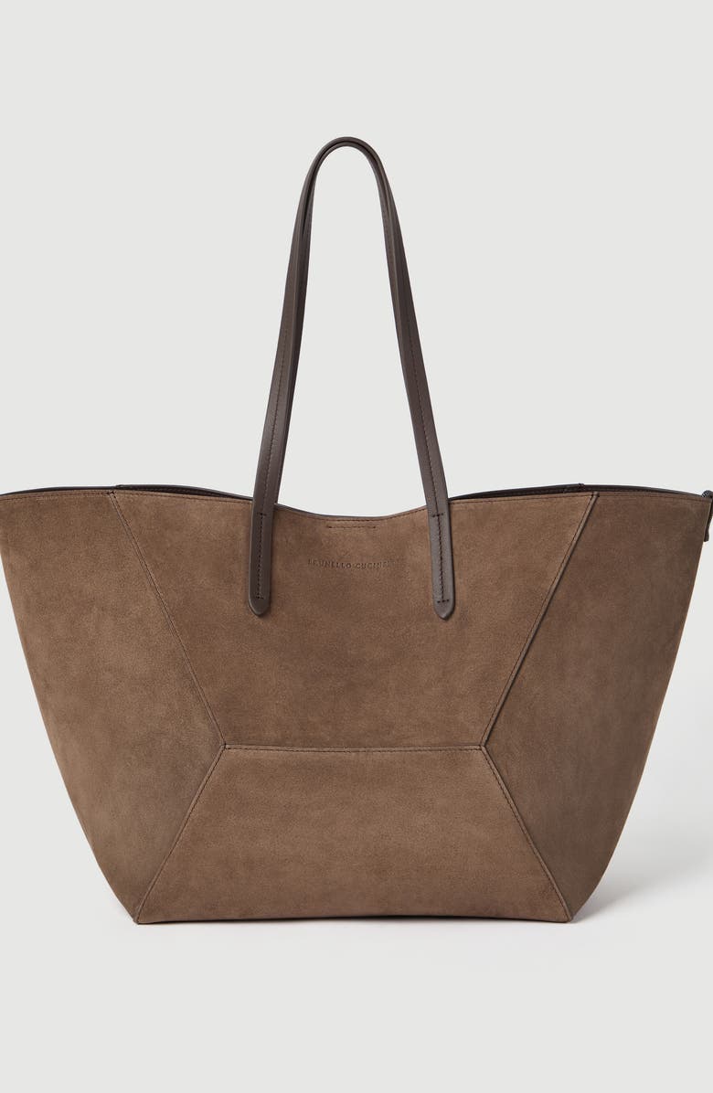 Brunello Cucinelli Suede large BC Duo bag, Alternate, color, Bark