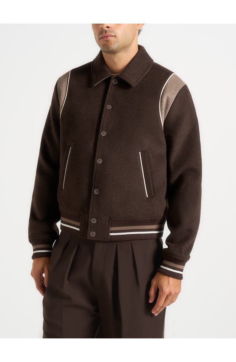 Manière De Voir Nico Contrast Wool Varsity Jacket, Main, color, Brown