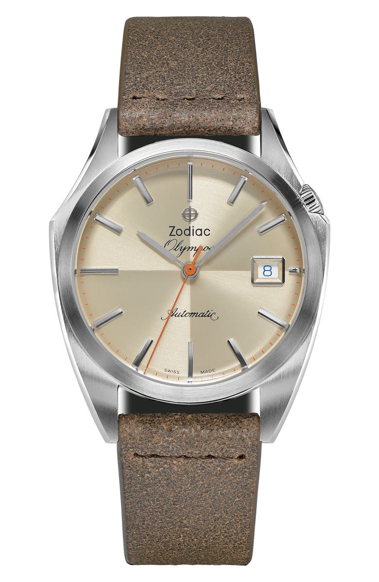 Zodiac Dress Olympos Automatic Leather Watch, 37.5mm, Main, color,