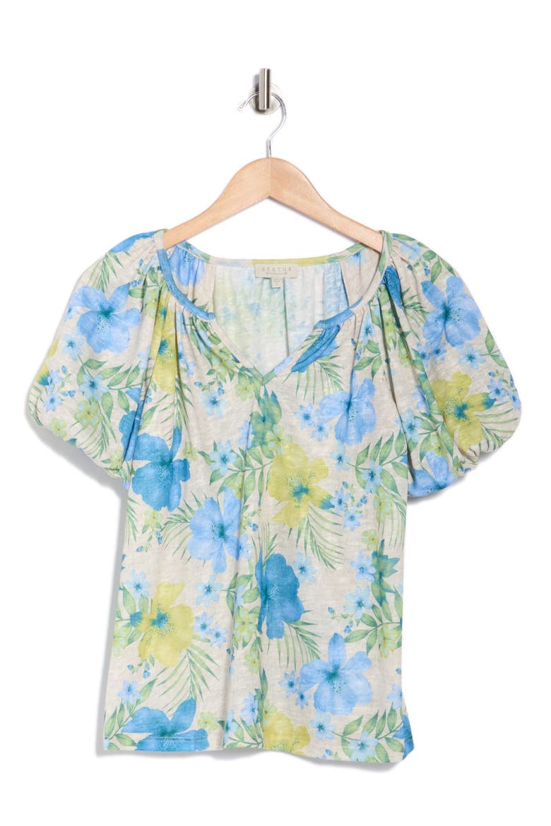 Floral Puff Sleeve Slubbed Jersey Top, Alternate, color, BLUE MULTI