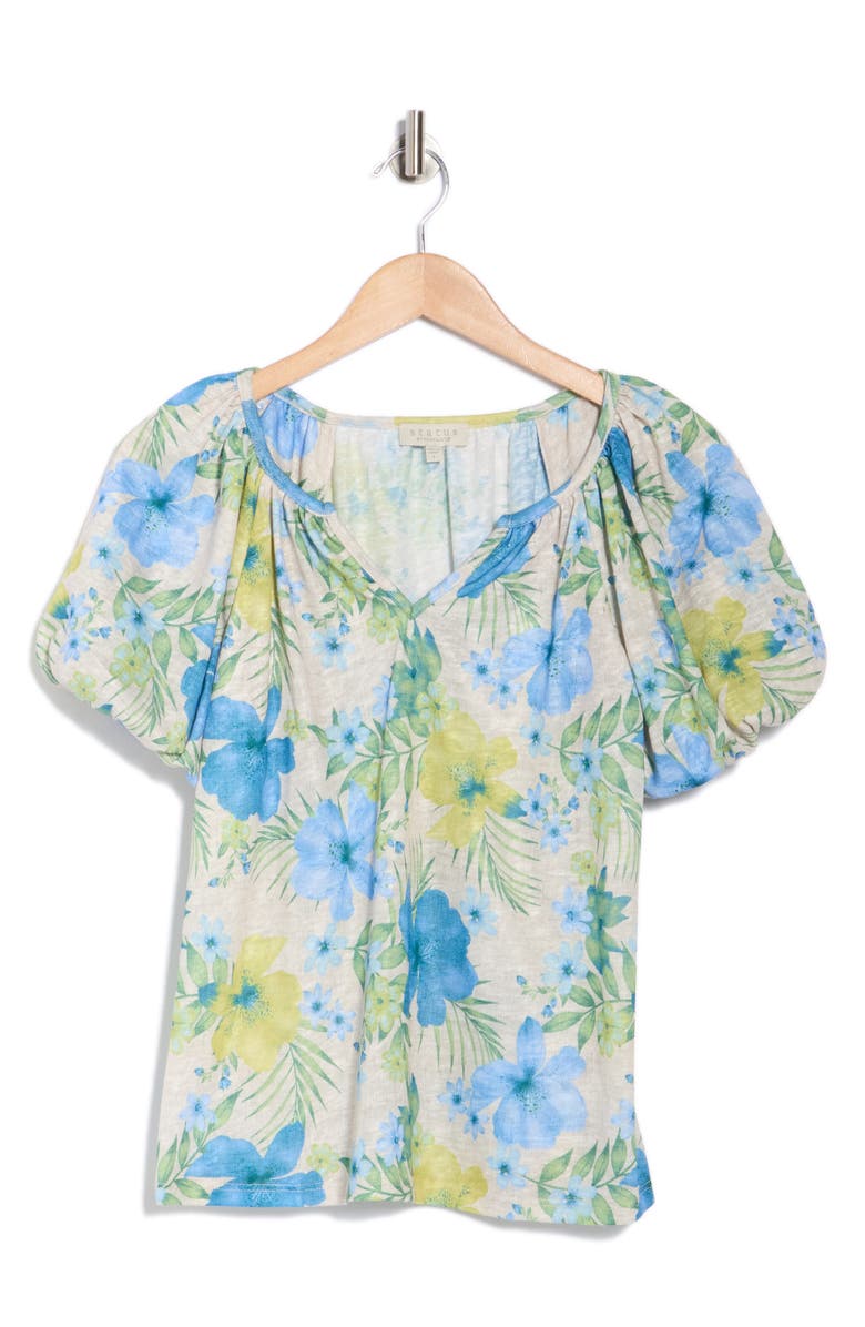 CHENAULT Floral Puff Sleeve Slubbed Jersey Top, Alternate, color, Blue Multi
