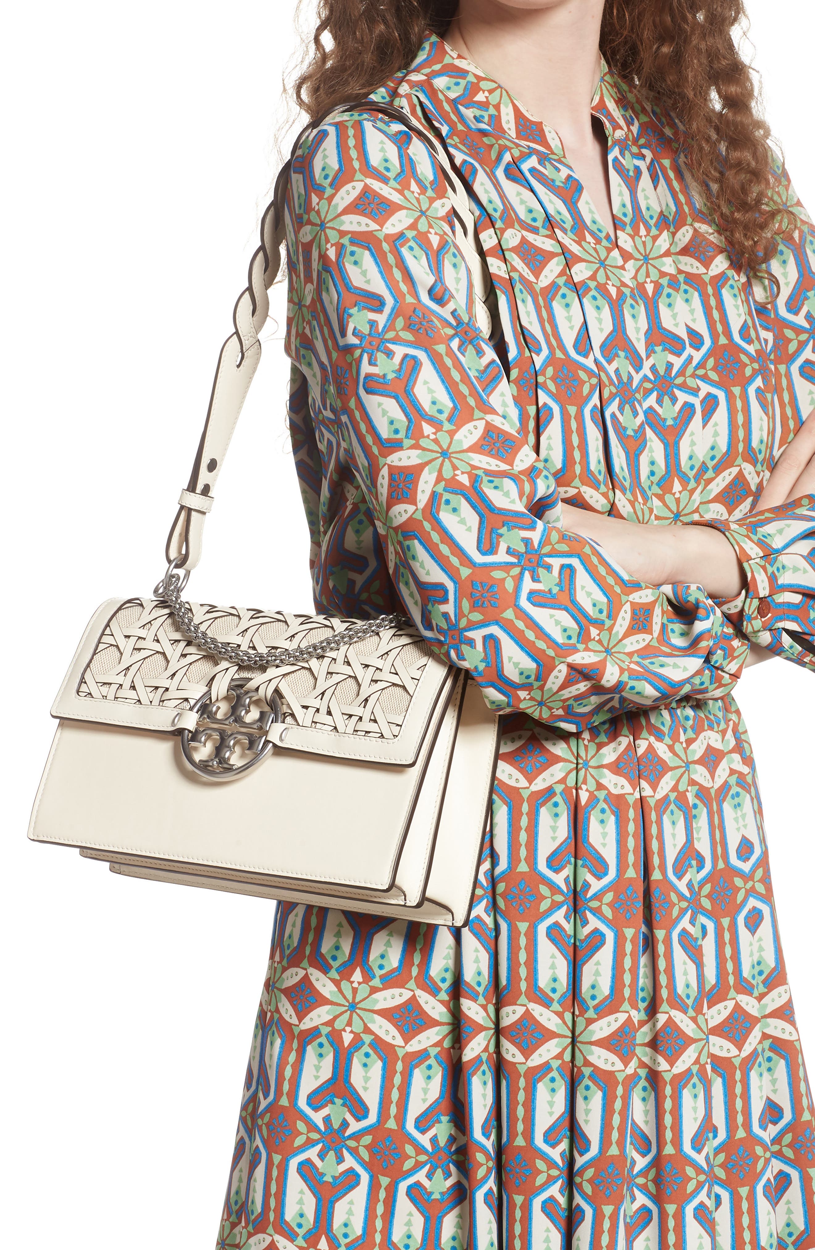 Tory Burch Miller Basket Weave Leather Shoulder Bag, Alternate, color, 