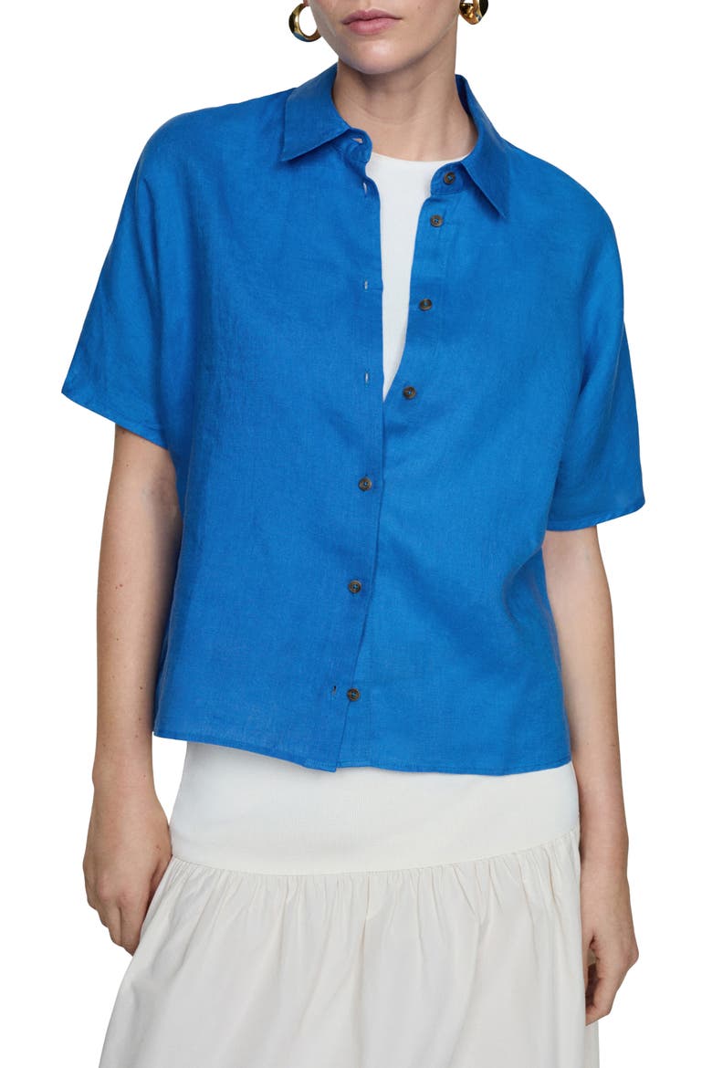 Short Sleeve Linen Button-Up Shirt, Main, color, INK BLUE
