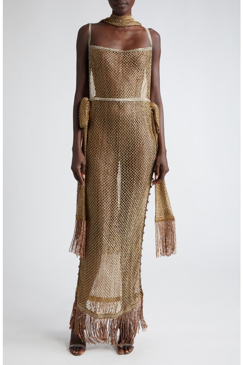 Beaded Fringe Sheer Lamé Lace Maxi Dress, Main, color, GOLD
