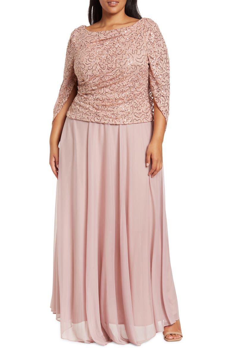 Marina Lace Chiffon Capelet Gown, Main, color,