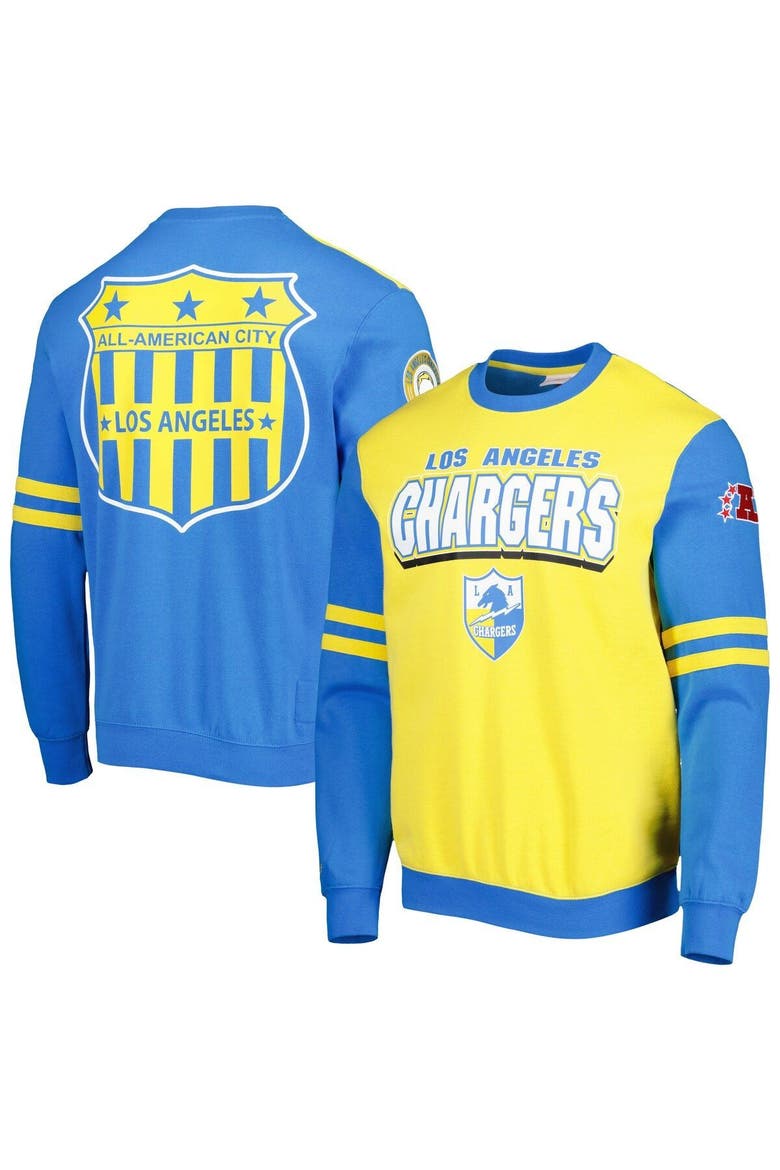 Men's Mitchell & Ness Gold Los Angeles Chargers All Over 2.0 Pullover Sweatshirt, Main, color, Gold
