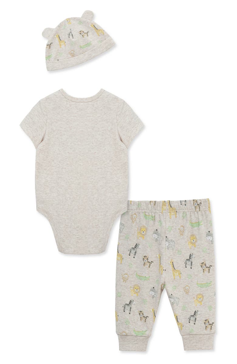 Little Me Jungle Bodysuit, Pants & Hat Set, Alternate, color, Grey Multi