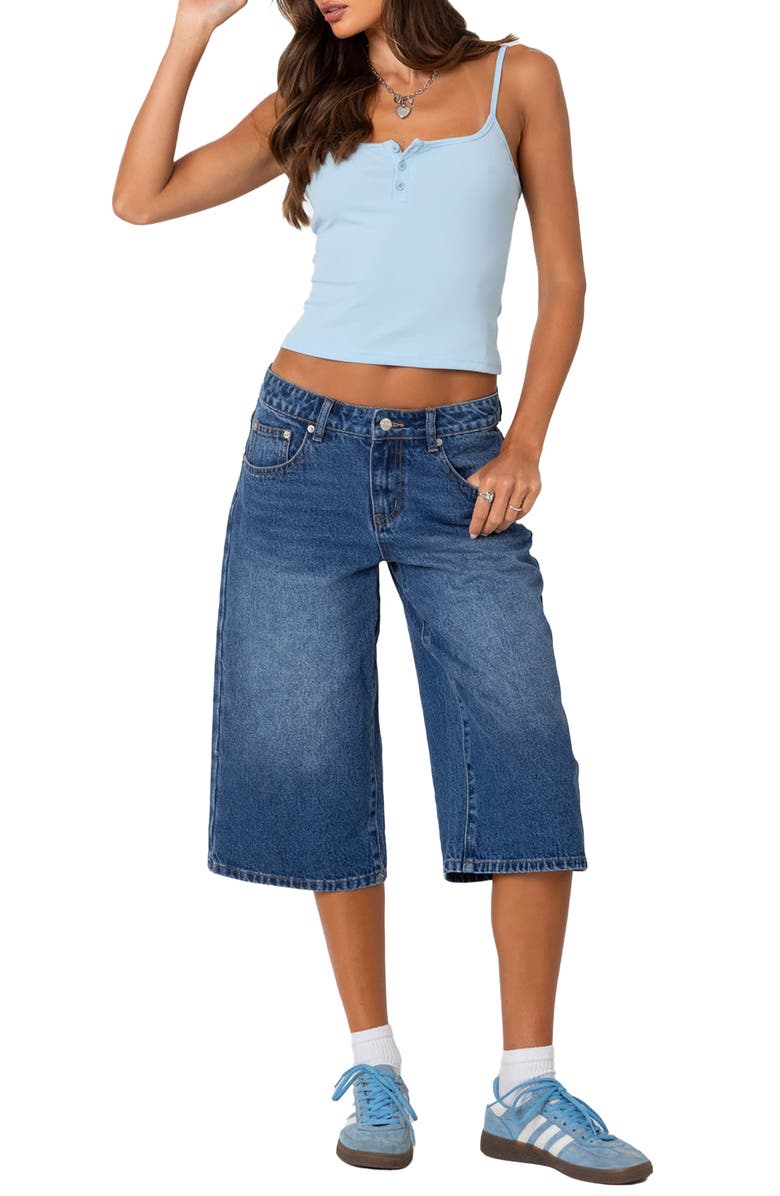 EDIKTED Low Rise Extra Long Denim Bermuda Shorts, Alternate, color, 