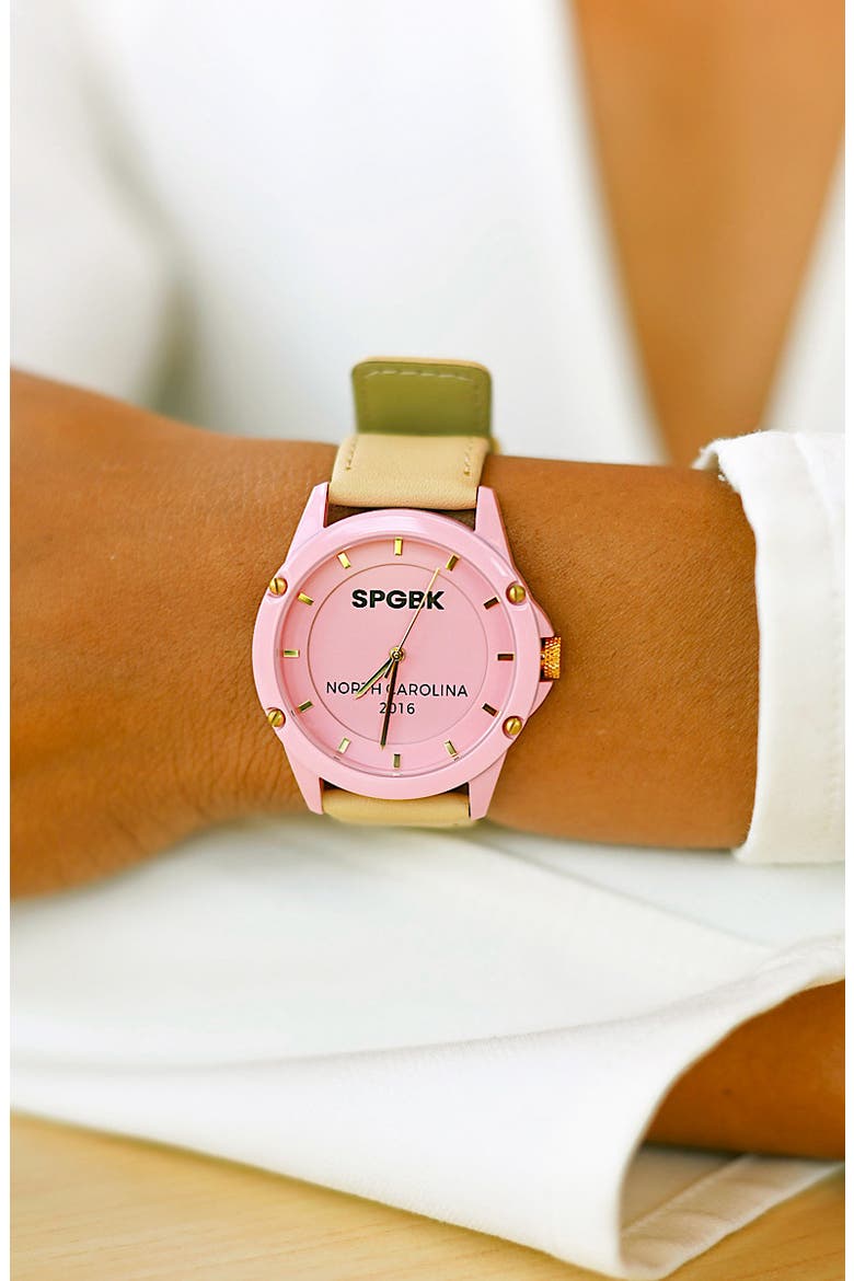 Pink Lemonade Leather Strap Watch, 44mm, Alternate, color, CANDY PINK