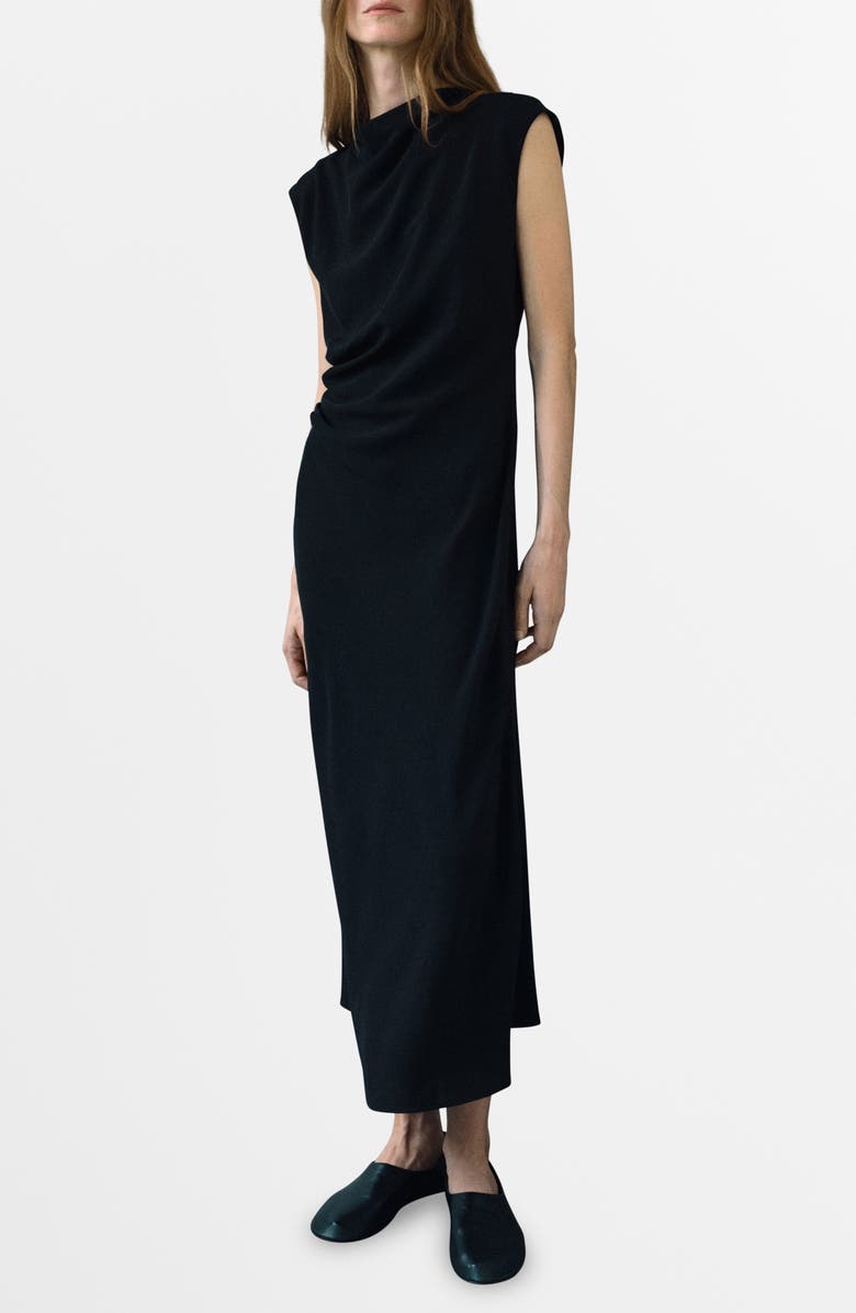 MANGO Ruched Sleeveless Midi Dress, Main, color, Black