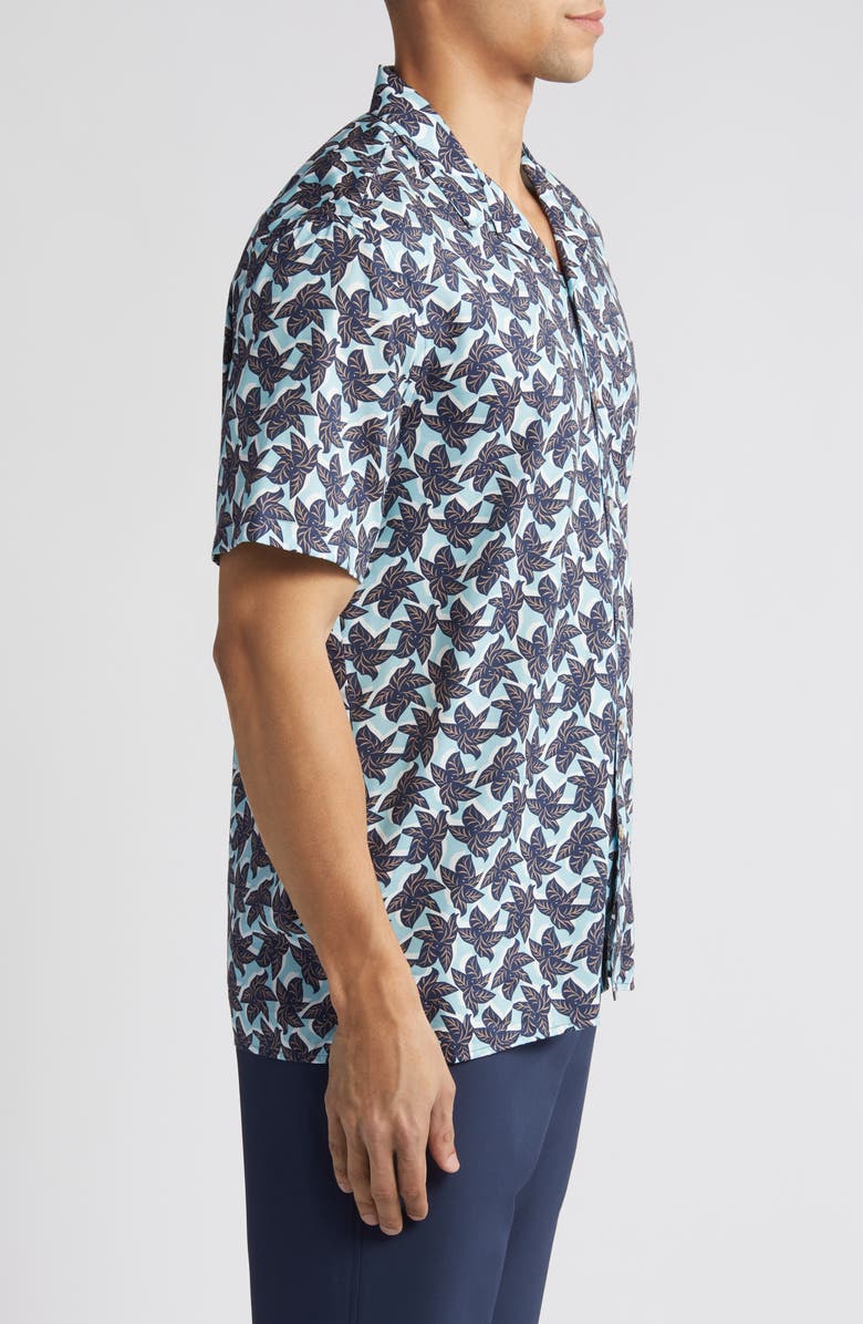 Johnston & Murphy Leaf Print Cotton and Modal Camp Shirt, Alternate, color, Blue