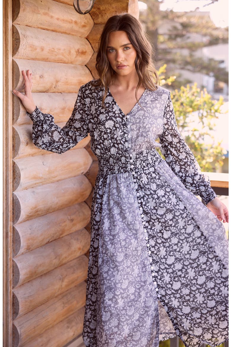 Halcycon Floral Long Sleeve Cotton Maxi Dress, Alternate, color, BLACK W GREY MOON RIVER