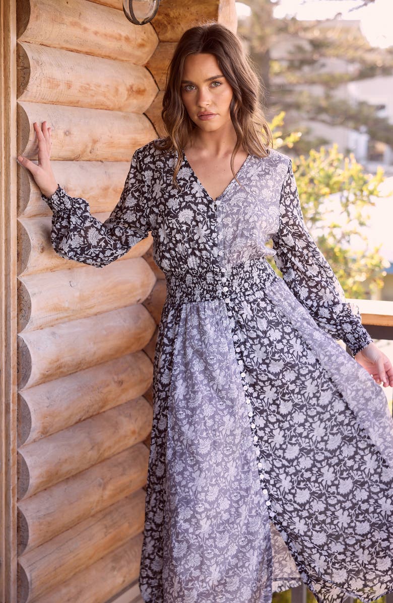 Talisman the Label Halcycon Floral Long Sleeve Cotton Maxi Dress, Alternate, color, Black W Grey Moon River