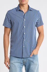 DENIM AND FLOWER Vertical Stripe Short Sleeve Dress Shirt