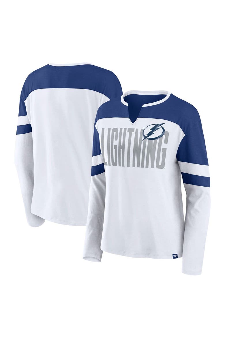 Women's Fanatics White/Blue Tampa Bay Lightning Frozen Long Sleeve Notch Neck T-Shirt, Main, color, White