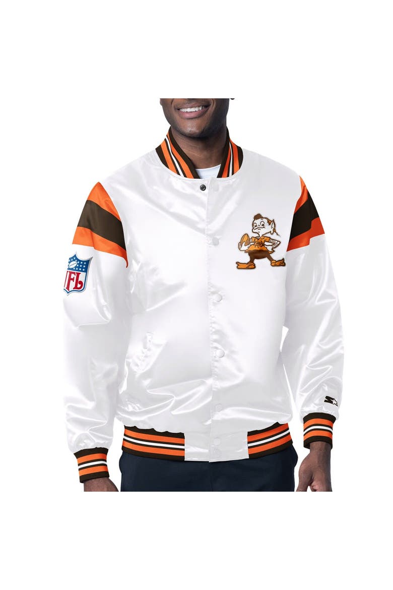 Men's Starter White/Brown Cleveland Browns Vintage Satin Full-Snap Varsity Jacket, Main, color, White