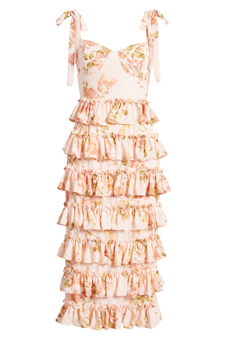 The Masie Floral Tiered Ruffle Cocktail Midi Dress, Alternate, color, VINTAGE ROSES