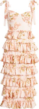 WAYF The Masie Floral Tiered Ruffle Cocktail Midi Dress