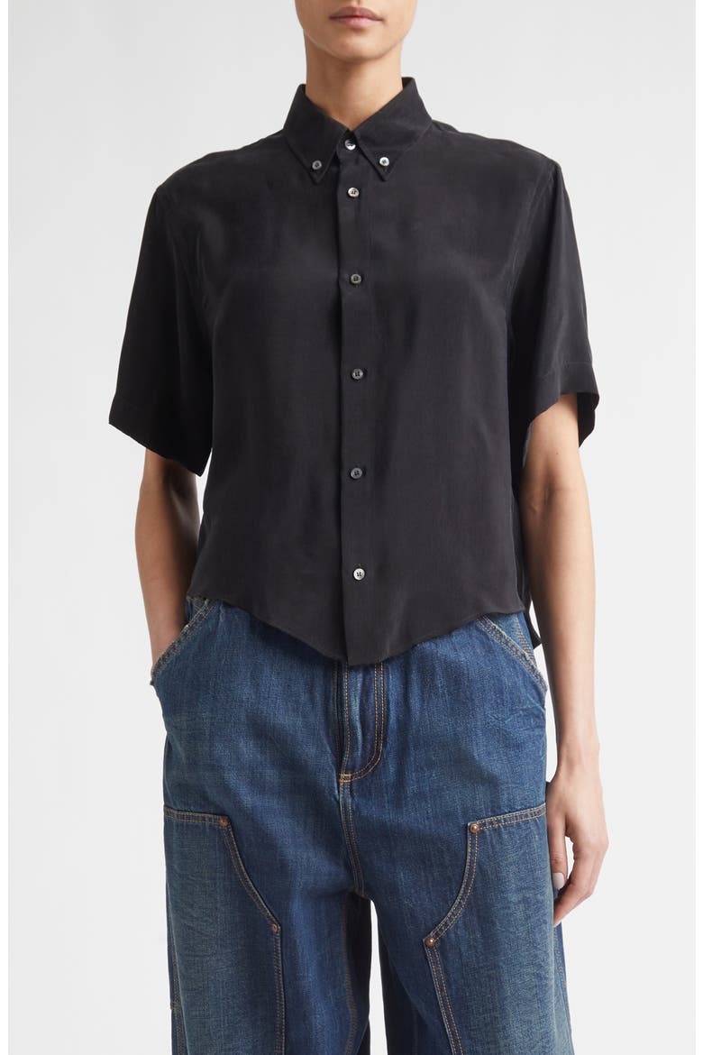 Short Sleeve Cupro Button-Down Shirt, Main, color, BLACK