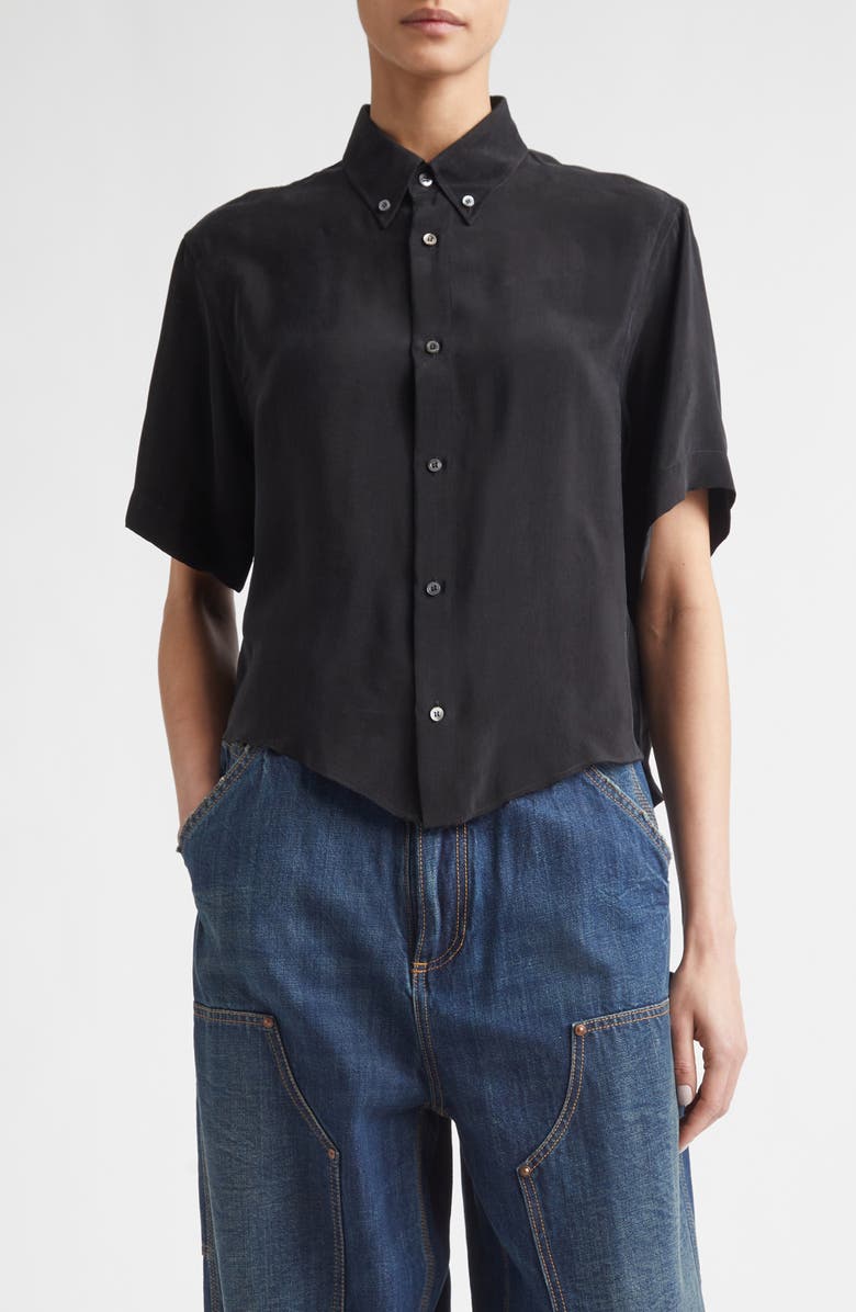 Maison Margiela Short Sleeve Cupro Button-Down Shirt, Main, color, Black