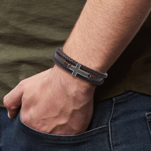 Lucky Brand Braided Leather Bracelet With Cross In Brown