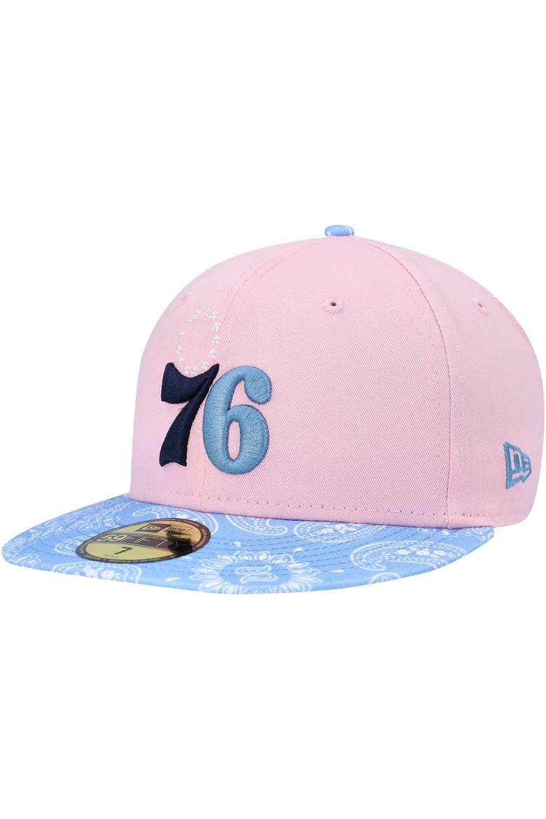 Men's New Era Pink/Light Blue Philadelphia 76ers Paisley Visor 59FIFTY Fitted Hat, Alternate, color, Pink