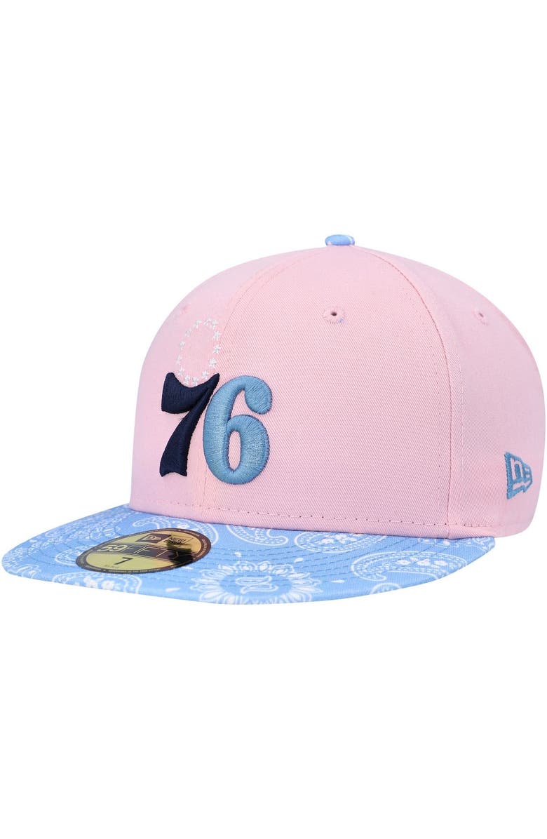 New Era Men's New Era Pink/Light Blue Philadelphia 76ers Paisley Visor 59FIFTY Fitted Hat, Alternate, color, 