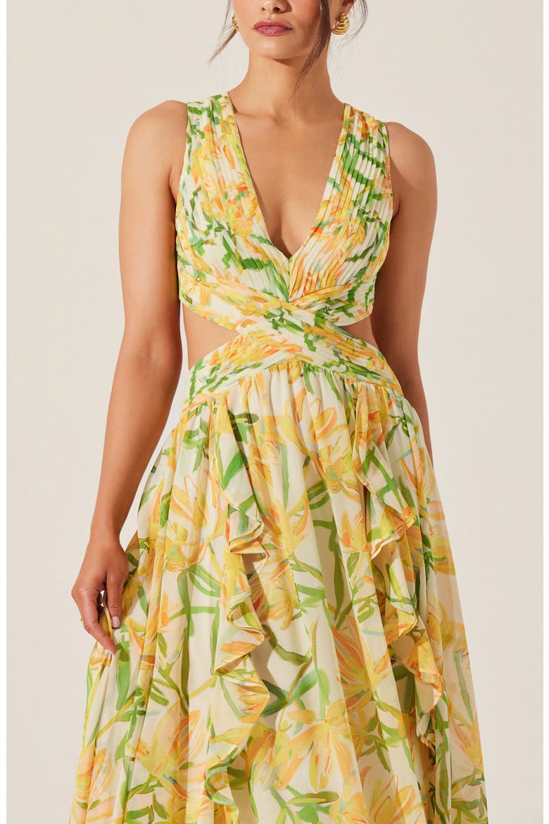 Noya Floral Pleated Cutout Maxi Dress, Alternate, color, YELLOW GRE