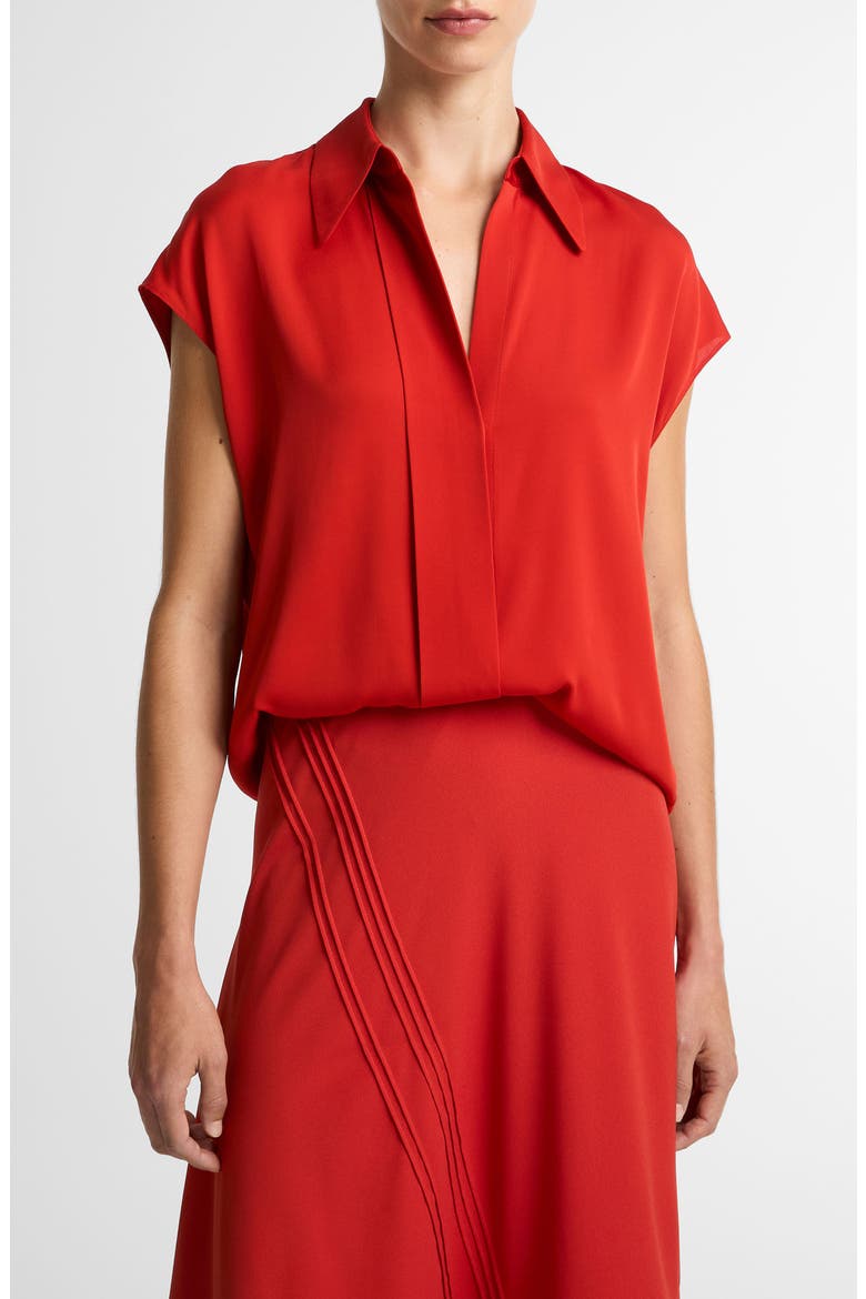 Cap Sleeve Stretch Silk Button-Up Shirt, Main, color, POPPY