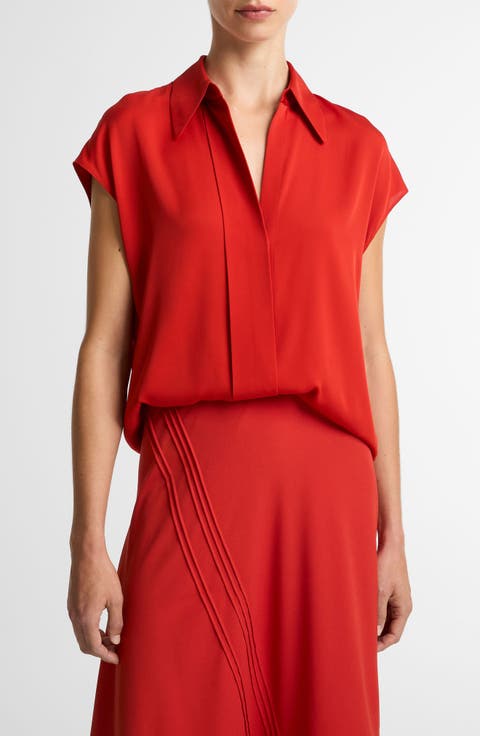 Cap Sleeve Stretch Silk Button-Up Shirt