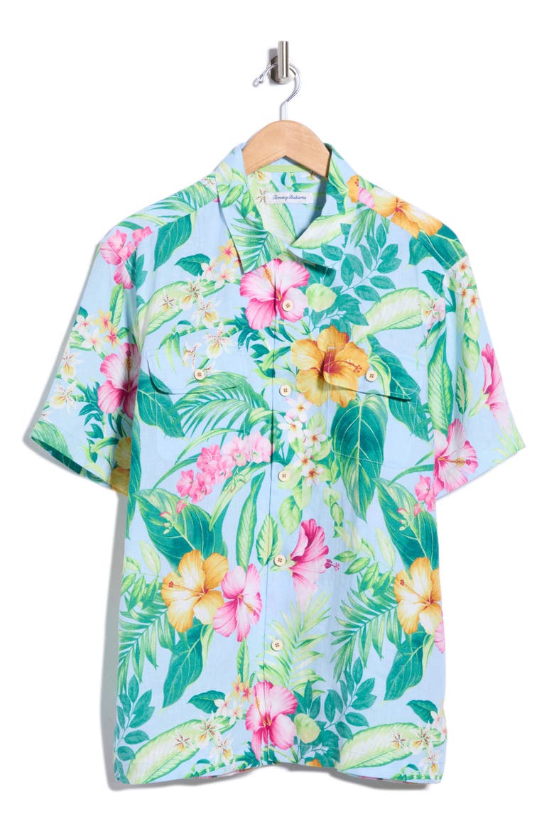 Hibiscus Heritage Linen Button-Up Shirt, Main, color, SKY BLUE