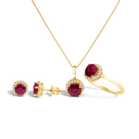 10K Gold Gemstone and 3/8 Cttw Diamond Halo Jewelry Set (Earrings, Pendant & Ring)