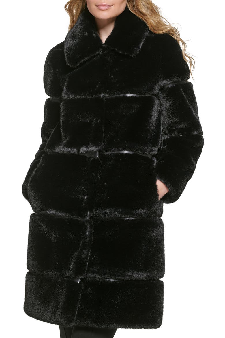Quilted Longline Faux Fur Coat, Alternate, color, BLACK